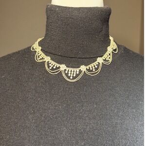 Vtg ICING Signed Rhinestone Bib Drop Necklace Clear Stones Silver Tone Prom